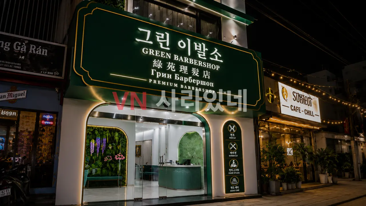 나트랑 그린 이발소 건물 입구 야경 전경 — 그린 이발소 에메랄드 메인 간판과 로비 전경