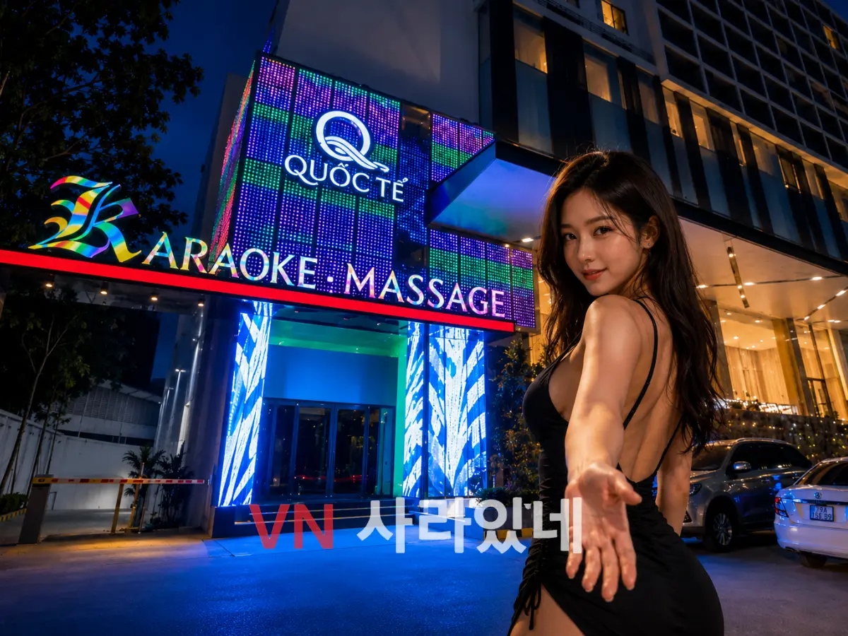 나트랑 퀸터 가라오케 대표 이미지 — 퀸터 센트럴 호텔 건물 외관 및 화려한 LED 입구 전경